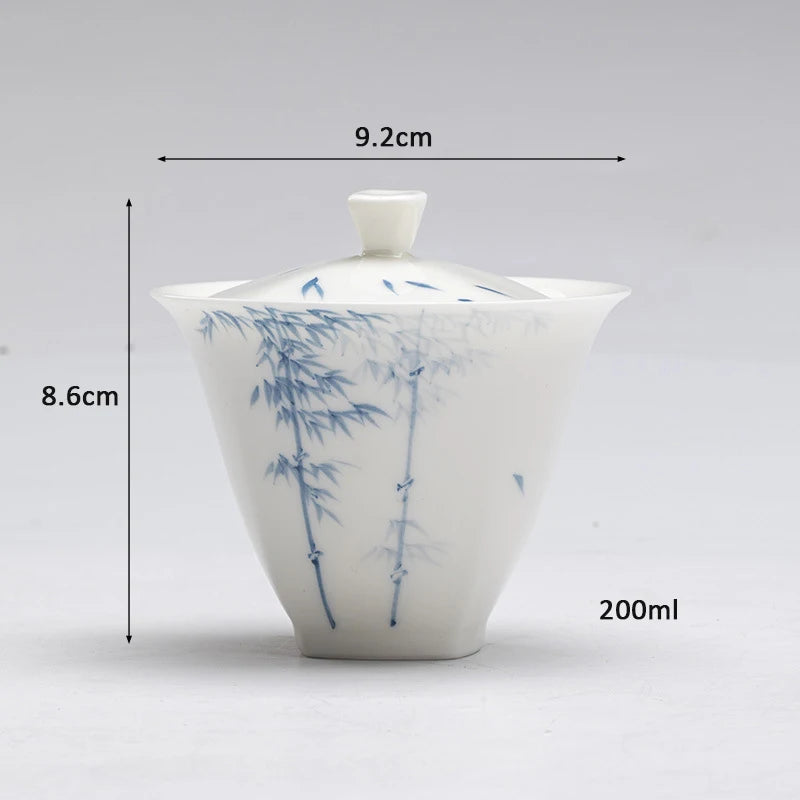 200ml Jade Clay White Porcelain Hand-painted Blue and White Bamboo Gaiwan Chinese Style Simple Tea Making Bowl