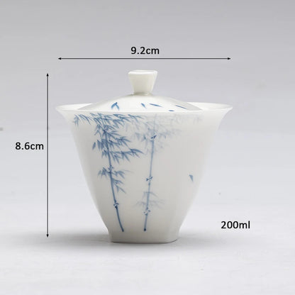 200ml Jade Clay White Porcelain Hand-painted Blue and White Bamboo Gaiwan Chinese Style Simple Tea Making Bowl