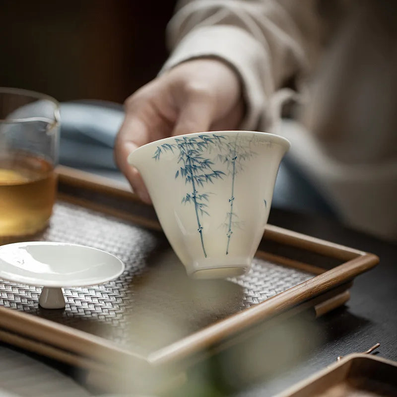 200ml Jade Clay White Porcelain Hand-painted Blue and White Bamboo Gaiwan Chinese Style Simple Tea Making Bowl