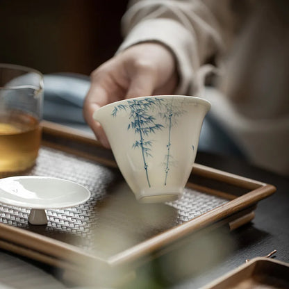 200ml Jade Clay White Porcelain Hand-painted Blue and White Bamboo Gaiwan Chinese Style Simple Tea Making Bowl