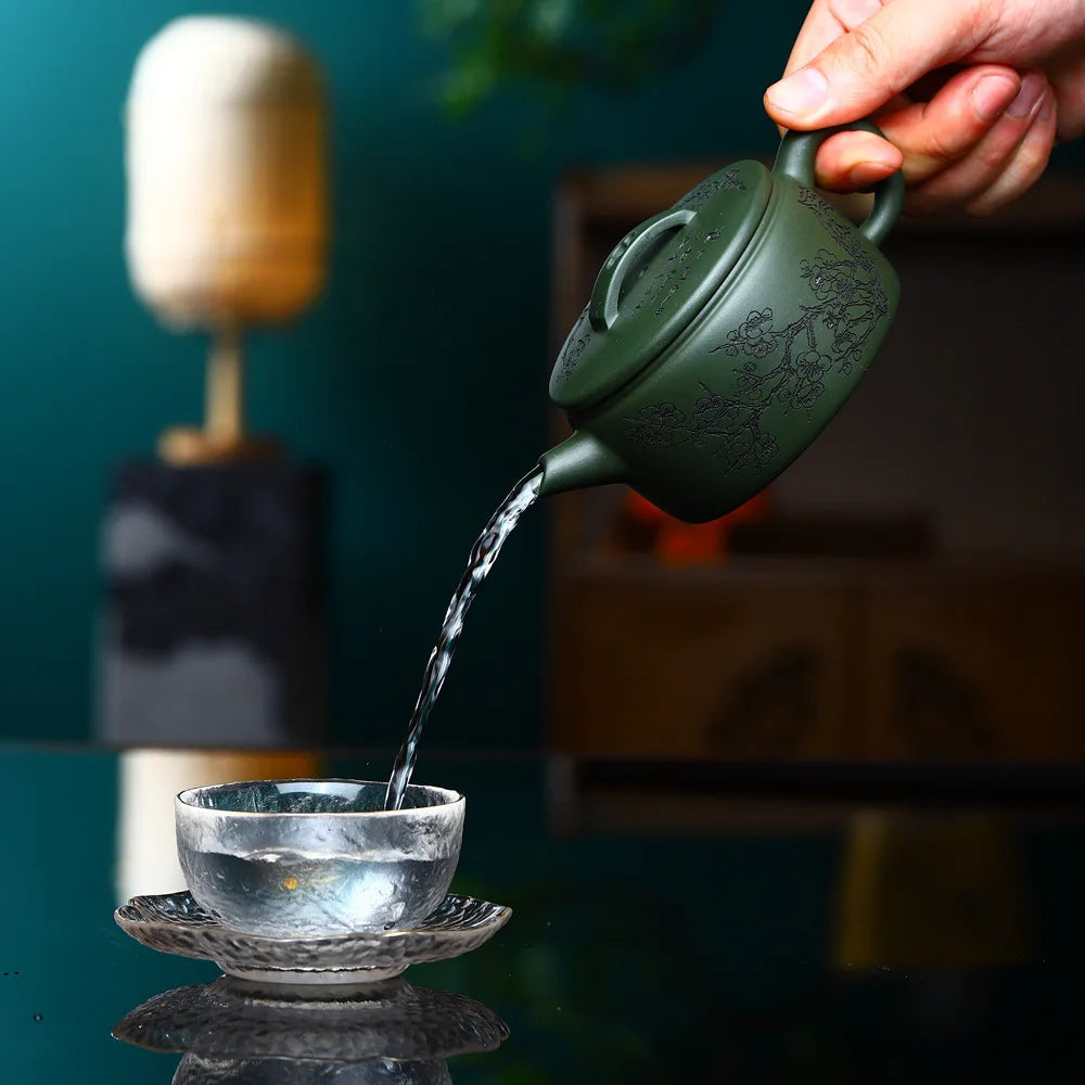 200ml Yixing Purple Clay Teapot Raw Ore Green Mud Hand-carved Stone Scoop Kettle Home Beauty Tea Infuser Chinese Zisha Tea Set