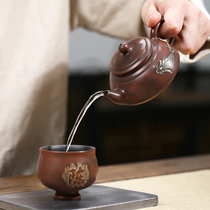 200ml nixing teapot tea pot filter Teapot  handmade carving fish nixing clay customized gifts authentic Banyue Teapot theiere