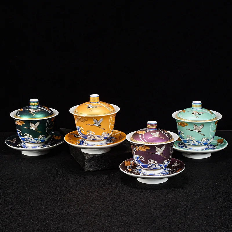 200ml porcelain tureen color enamel craft Sancai gaiwan handpainted crane painted covered bowl on sales ceramic cup saucer lid