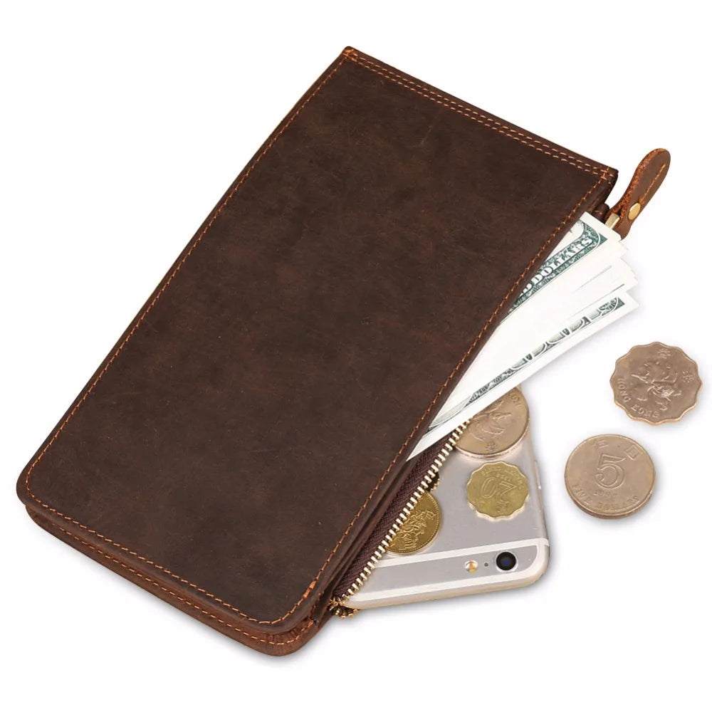 2017 New wallet High quality retro style handmade cow genuine Crazy horse leather oil leather men male long purse free shipping