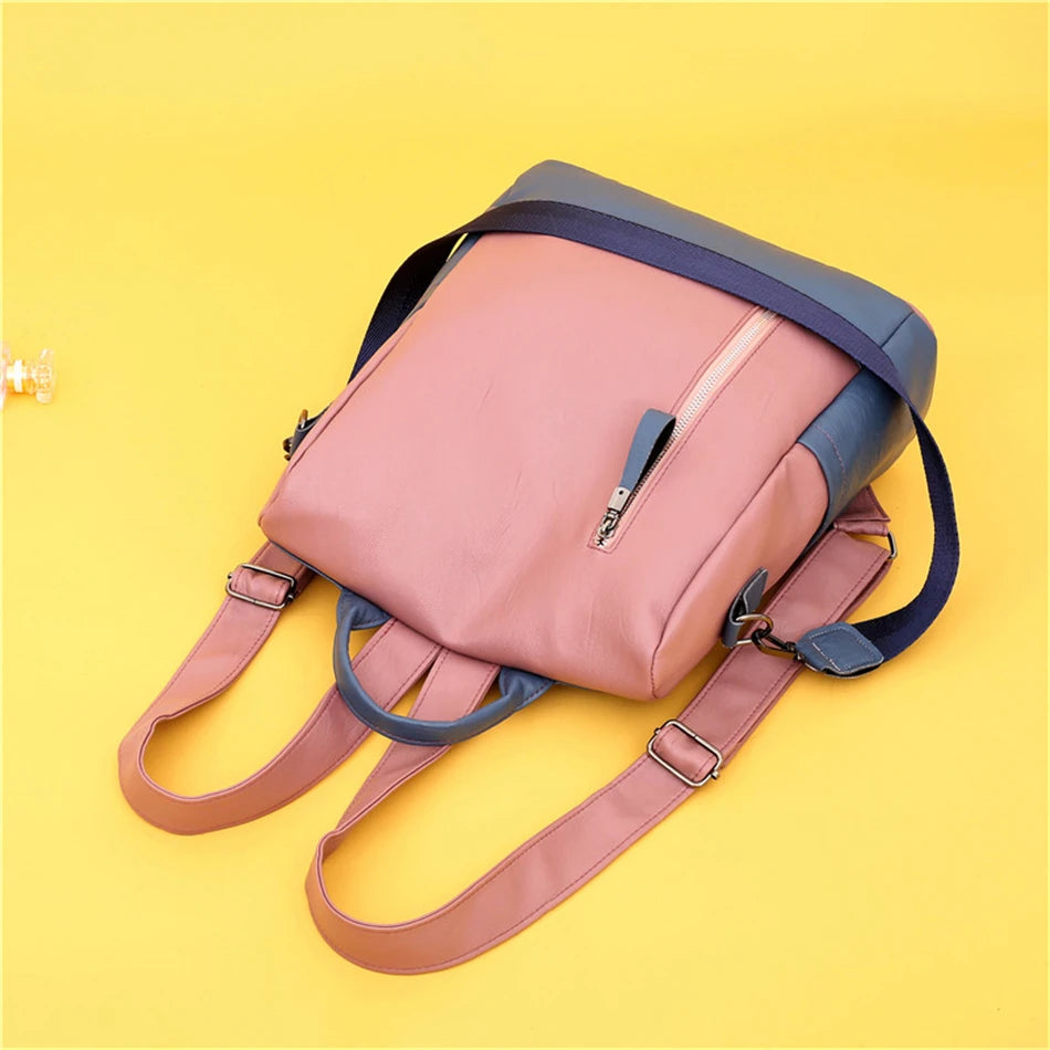 2020 New College Style Women Backpack High Quality Soft Leather Bookpack For Teenage Girls Fashion Contrast Ladies Crossbody Bag