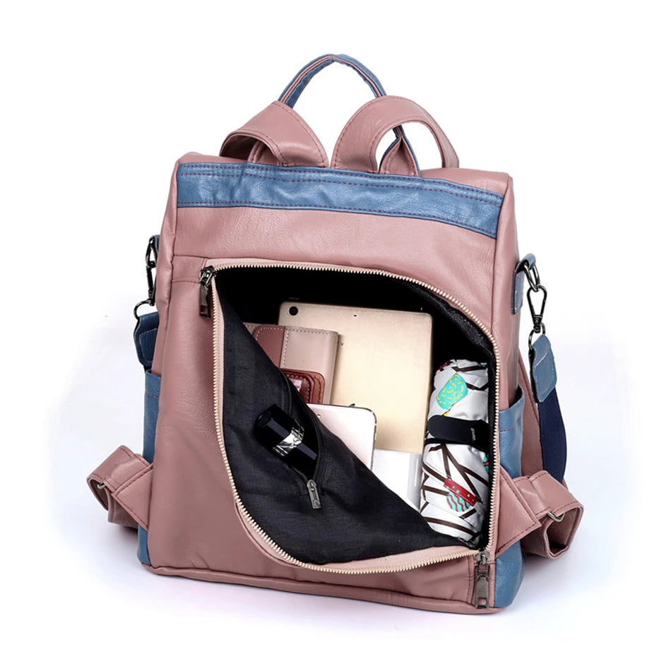 2020 New College Style Women Backpack High Quality Soft Leather Bookpack For Teenage Girls Fashion Contrast Ladies Crossbody Bag