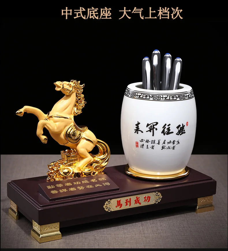 2022 Company home shop thriving business Money Good luck Fortune Success gold horse brass Sculpture office pen holder Ornament