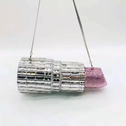 2022 Female Lipstick shape Gold Hot Pink Rhinestone Crystal Diamond Evening Bag Clutch Purse For Party Wedding Clutches Bags