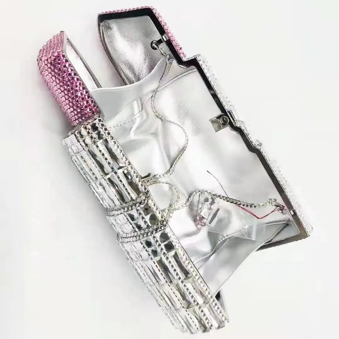 2022 Female Lipstick shape Gold Hot Pink Rhinestone Crystal Diamond Evening Bag Clutch Purse For Party Wedding Clutches Bags