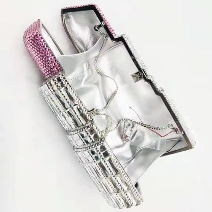 2022 Female Lipstick shape Gold Hot Pink Rhinestone Crystal Diamond Evening Bag Clutch Purse For Party Wedding Clutches Bags