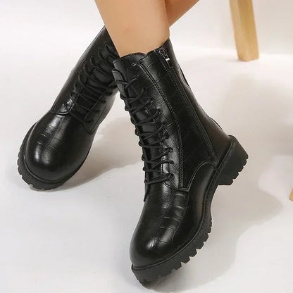 2023 Ankle Thick Plus Bottom Pu Size Motorcycle Shoes Side Boots Platform Black Women Autumn 42 Combat Boots Leather Womna Zip