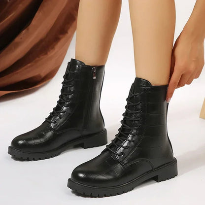 2023 Ankle Thick Plus Bottom Pu Size Motorcycle Shoes Side Boots Platform Black Women Autumn 42 Combat Boots Leather Womna Zip