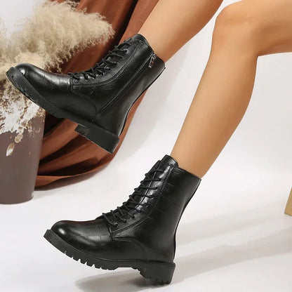 2023 Ankle Thick Plus Bottom Pu Size Motorcycle Shoes Side Boots Platform Black Women Autumn 42 Combat Boots Leather Womna Zip