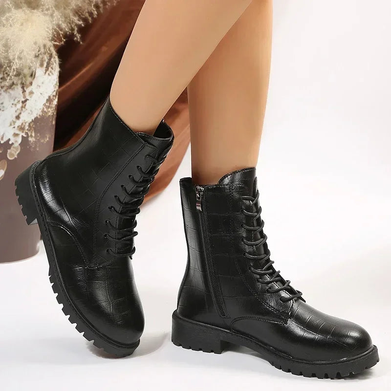 2023 Ankle Thick Plus Bottom Pu Size Motorcycle Shoes Side Boots Platform Black Women Autumn 42 Combat Boots Leather Womna Zip