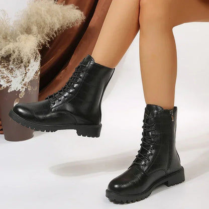 2023 Ankle Thick Plus Bottom Pu Size Motorcycle Shoes Side Boots Platform Black Women Autumn 42 Combat Boots Leather Womna Zip