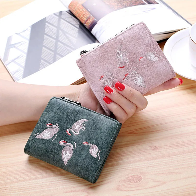 2023 Embroidery Short Purses for Women Mini Personality Student Ultra-thin Zipper Female Wallets and Purses Cute Bird Money Bag