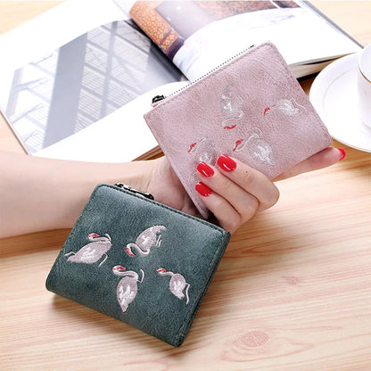 2023 Embroidery Short Purses for Women Mini Personality Student Ultra-thin Zipper Female Wallets and Purses Cute Bird Money Bag
