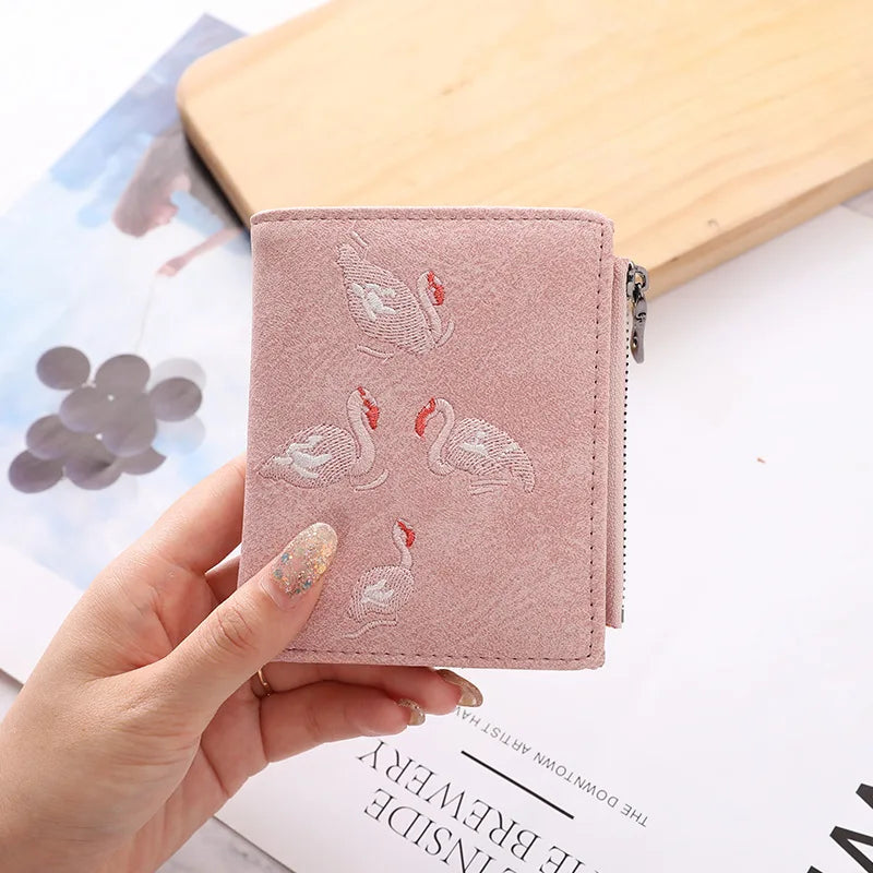 2023 Embroidery Short Purses for Women Mini Personality Student Ultra-thin Zipper Female Wallets and Purses Cute Bird Money Bag
