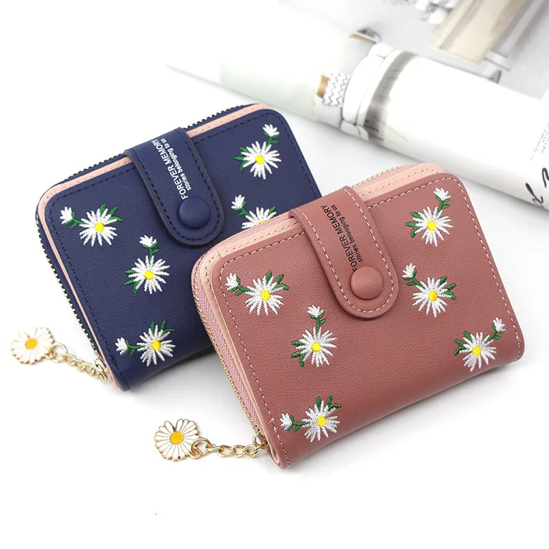 2023 Fashion Embroidered Flower Purses Women's Short Wallets Zipper Buckle Zero Purse Mini Card Bag Small Portefeuille Femme