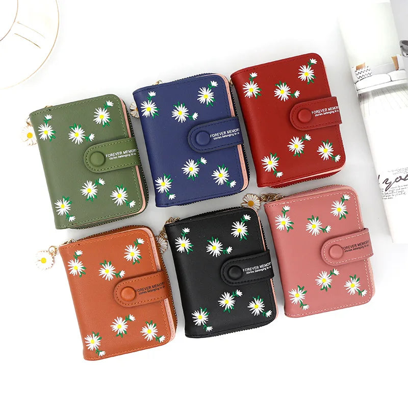 2023 Fashion Embroidered Flower Purses Women's Short Wallets Zipper Buckle Zero Purse Mini Card Bag Small Portefeuille Femme