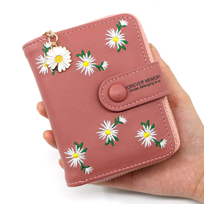2023 Fashion Embroidered Flower Purses Women's Short Wallets Zipper Buckle Zero Purse Mini Card Bag Small Portefeuille Femme