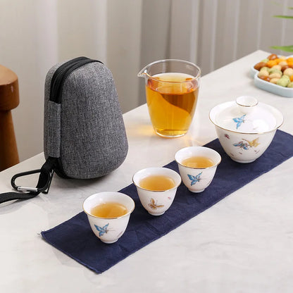 2023 Hand Painted Jade Porcelain ceramic teapot gaiwan with 3 cups a tea sets portable travel tea set with travel bag drinkware