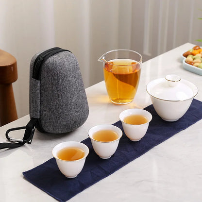 2023 Hand Painted Jade Porcelain ceramic teapot gaiwan with 3 cups a tea sets portable travel tea set with travel bag drinkware