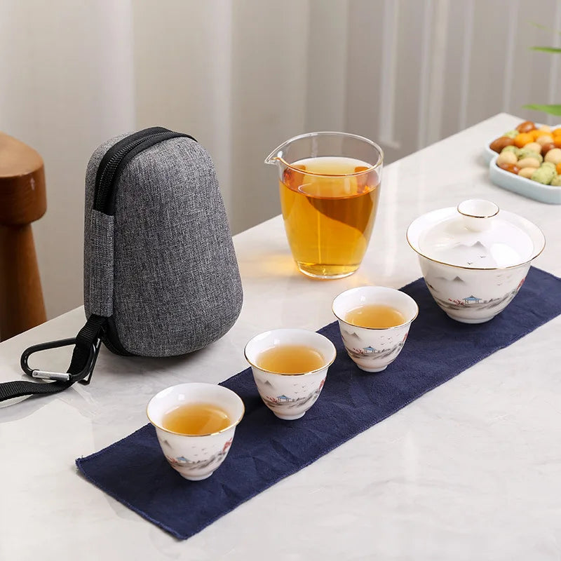 2023 Hand Painted Jade Porcelain ceramic teapot gaiwan with 3 cups a tea sets portable travel tea set with travel bag drinkware