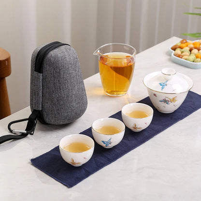 2023 Hand Painted Jade Porcelain ceramic teapot gaiwan with 3 cups a tea sets portable travel tea set with travel bag drinkware