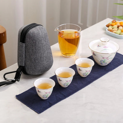 2023 Hand Painted Jade Porcelain ceramic teapot gaiwan with 3 cups a tea sets portable travel tea set with travel bag drinkware