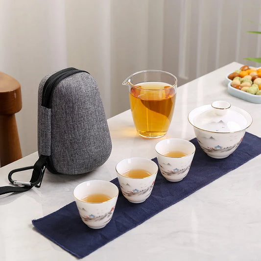 2023 Hand Painted Jade Porcelain ceramic teapot gaiwan with 3 cups a tea sets portable travel tea set with travel bag drinkware