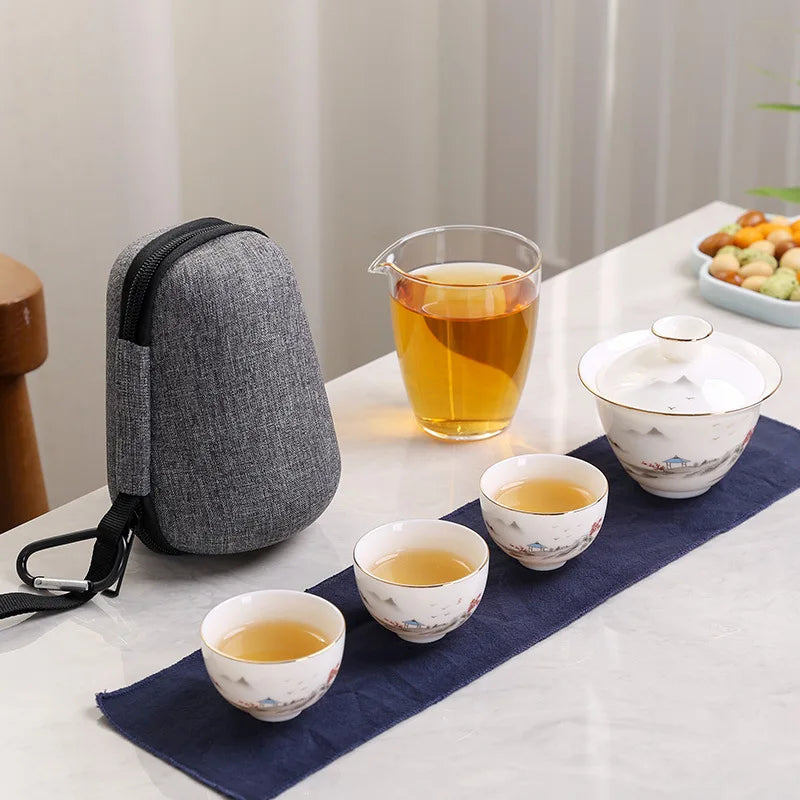 2023 Hand Painted Jade Porcelain ceramic teapot gaiwan with 3 cups a tea sets portable travel tea set with travel bag drinkware