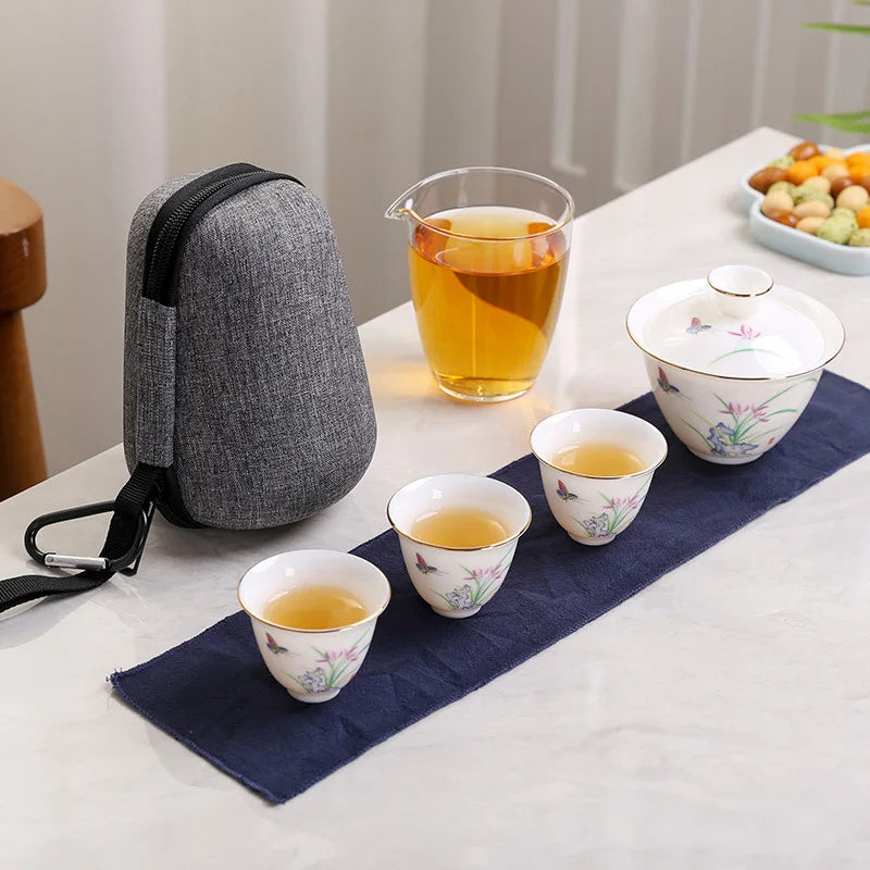 2023 Hand Painted Jade Porcelain ceramic teapot gaiwan with 3 cups a tea sets portable travel tea set with travel bag drinkware