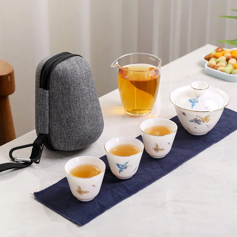2023 Hand Painted Jade Porcelain ceramic teapot gaiwan with 3 cups a tea sets portable travel tea set with travel bag drinkware
