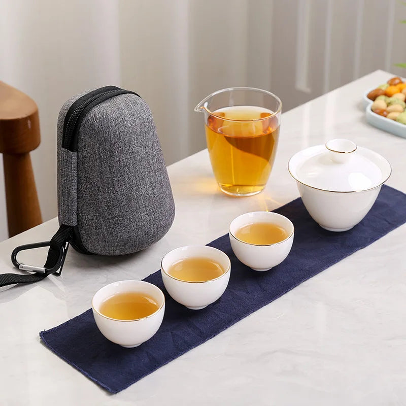 2023 Hand Painted Jade Porcelain ceramic teapot gaiwan with 3 cups a tea sets portable travel tea set with travel bag drinkware
