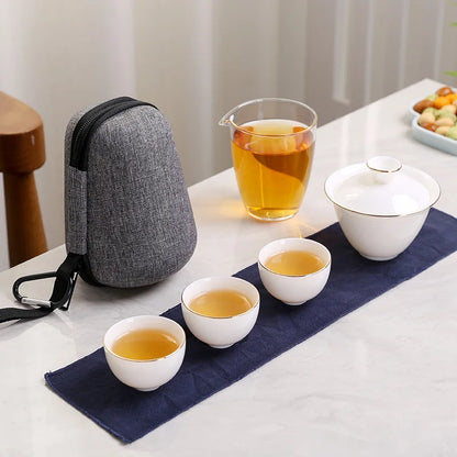 2023 Hand Painted Jade Porcelain ceramic teapot gaiwan with 3 cups a tea sets portable travel tea set with travel bag drinkware