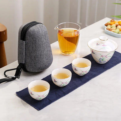 2023 Hand Painted Jade Porcelain ceramic teapot gaiwan with 3 cups a tea sets portable travel tea set with travel bag drinkware