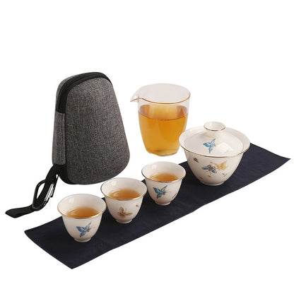 2023 Hand Painted Jade Porcelain ceramic teapot gaiwan with 3 cups a tea sets portable travel tea set with travel bag drinkware
