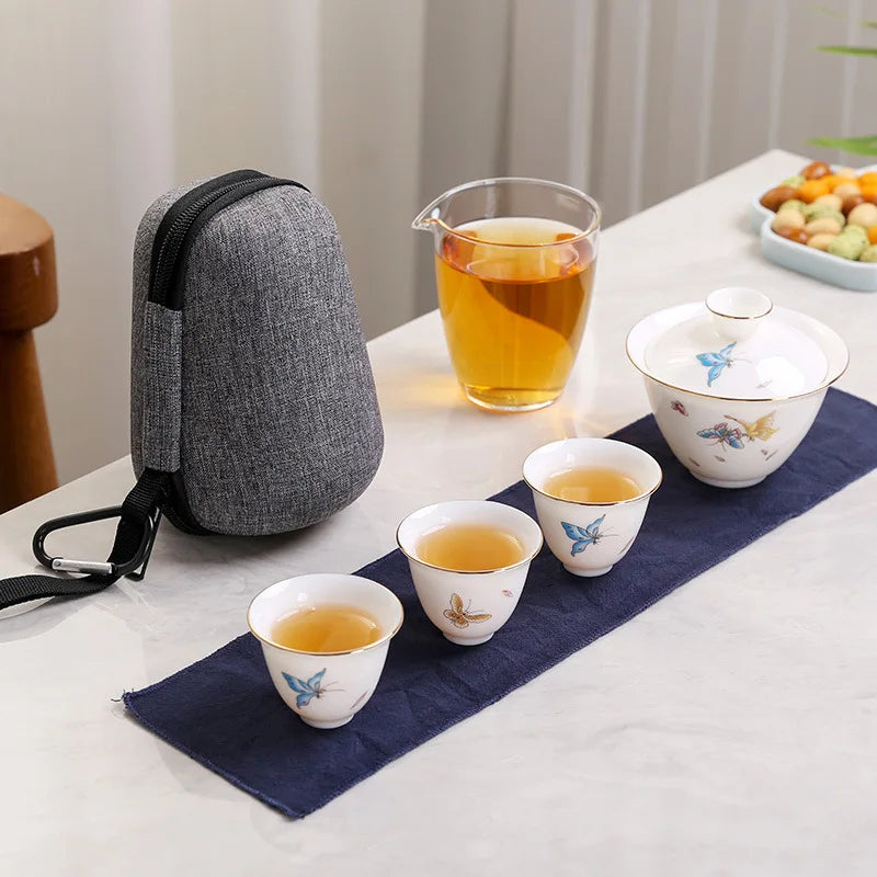 2023 Hand Painted Jade Porcelain ceramic teapot gaiwan with 3 cups a tea sets portable travel tea set with travel bag drinkware
