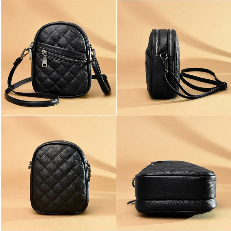 2023 Luxury Real Cowhide Girls Purse Phone Pouch Genuine Leather Shoulder Bags Woman Multiple Pockets Solid Color Crossbody Bag