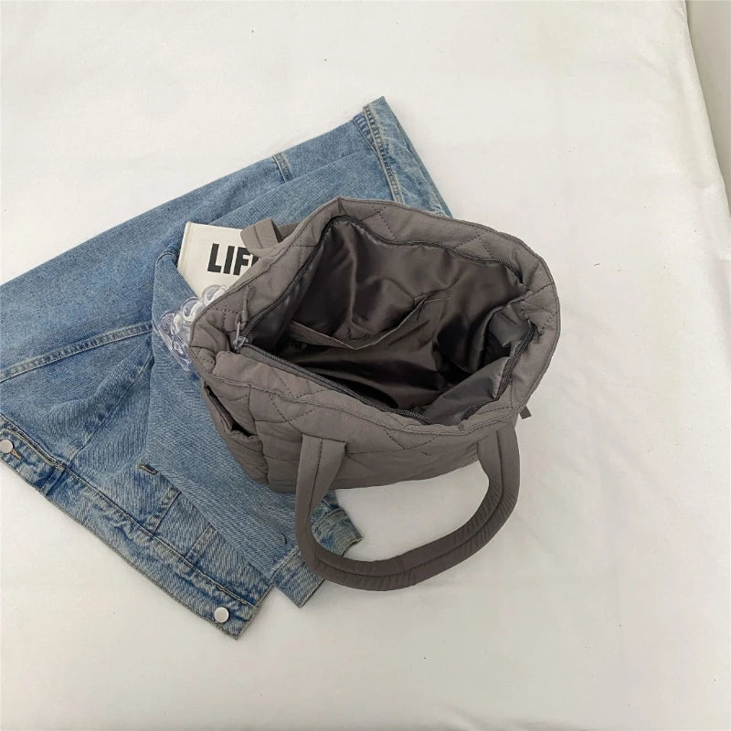 2023 NEW Quilted Shoulde Bag Solid Color Tote Puffer Bag Large Capacity Shopping Bag Handbag for Girl Women Nylon Bag