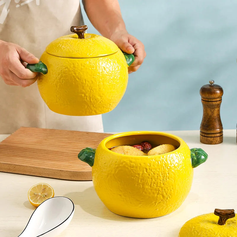 2023 New Creative Two-ear Orange Soup Pot Large Capacity Ceramic Soup Bowl with Lid Household Cute Shape Large Noodle Bowls