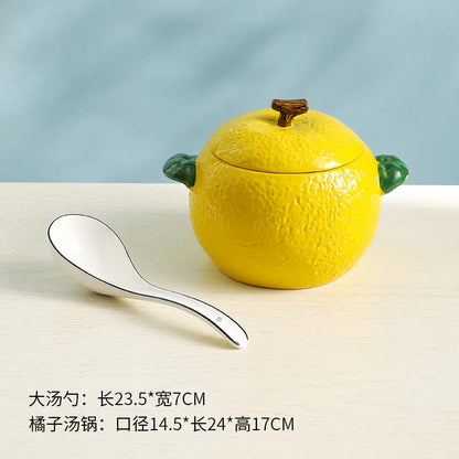 2023 New Creative Two-ear Orange Soup Pot Large Capacity Ceramic Soup Bowl with Lid Household Cute Shape Large Noodle Bowls