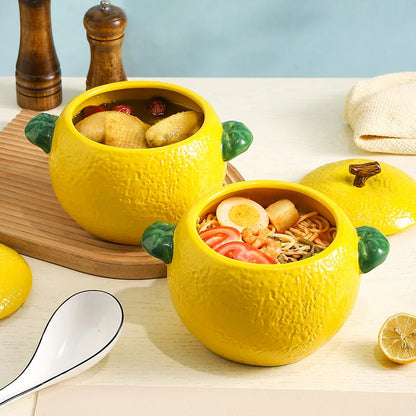 2023 New Creative Two-ear Orange Soup Pot Large Capacity Ceramic Soup Bowl with Lid Household Cute Shape Large Noodle Bowls
