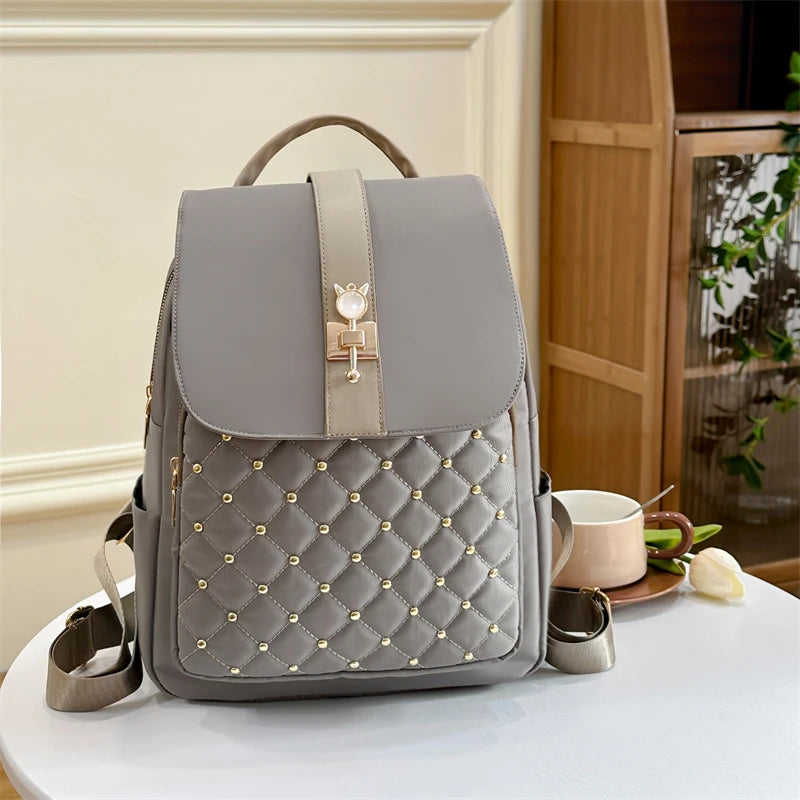 2023 New Large Capacity Women Backpack School Bag Retro NylonCloth Backpack Popular Rivet Anti Theft Multi Pocket Shoulder Bag
