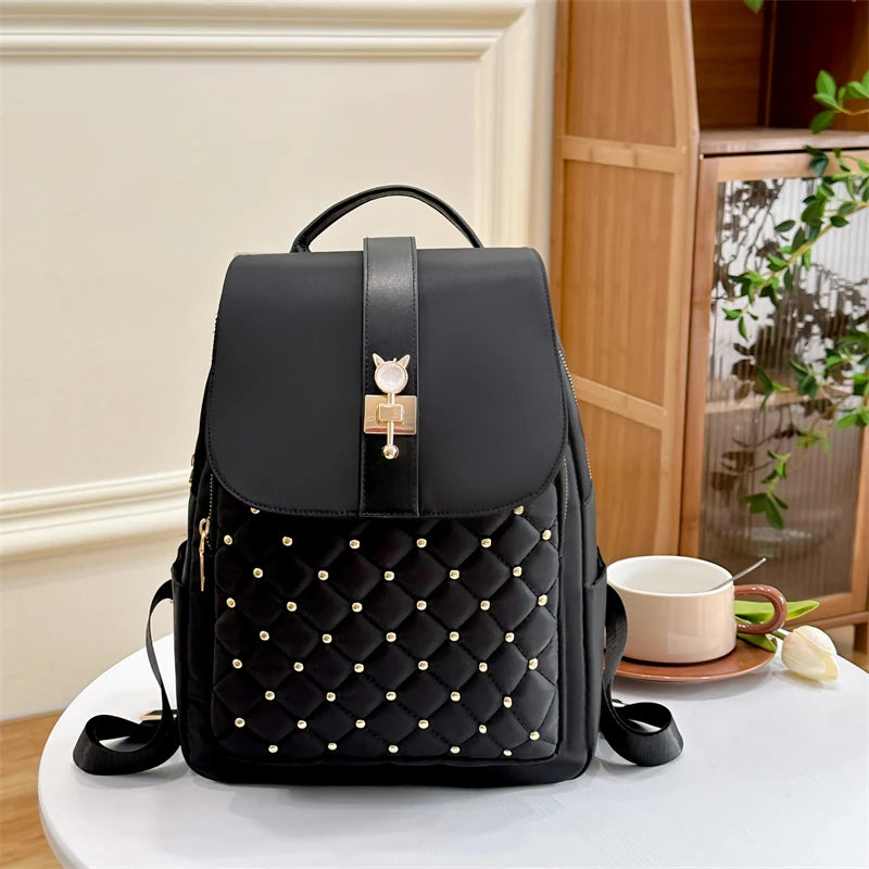 2023 New Large Capacity Women Backpack School Bag Retro NylonCloth Backpack Popular Rivet Anti Theft Multi Pocket Shoulder Bag