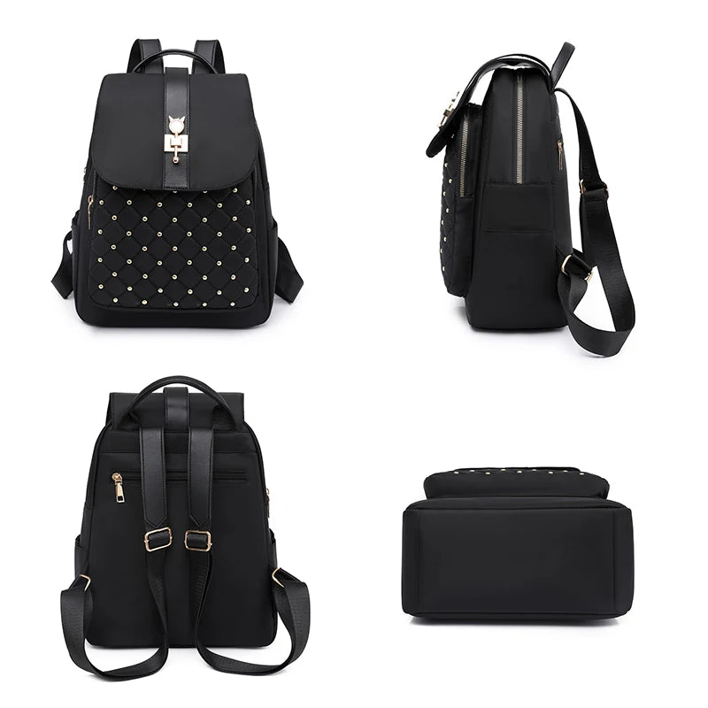 2023 New Large Capacity Women Backpack School Bag Retro NylonCloth Backpack Popular Rivet Anti Theft Multi Pocket Shoulder Bag