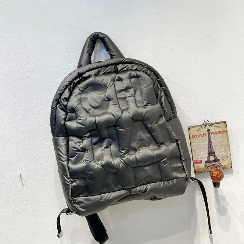 2023 New Women Backpacks Down Letter Printing Backpack Autumn Winter Fashion large-capacity Space Cotton Solid Color School Bag