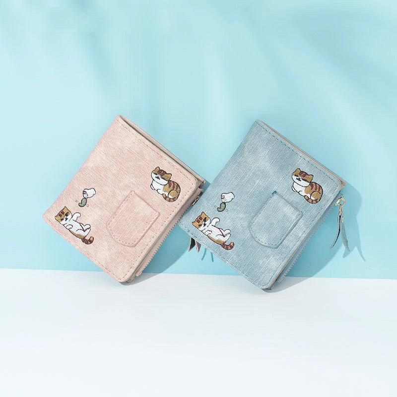 2023 New Women Cat Embroidered Wallet 2 Folding Purse for Girls Mini Hasp Coin Wallet Purse Female Designer Lady Sweet Money Bag