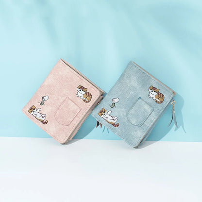 2023 New Women Cat Embroidered Wallet 2 Folding Purse for Girls Mini Hasp Coin Wallet Purse Female Designer Lady Sweet Money Bag